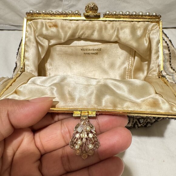 Vintage Handmade Bag Womens Silk Cream 60s Beaded Pearls French Mini Handbag - Picture 5 of 8